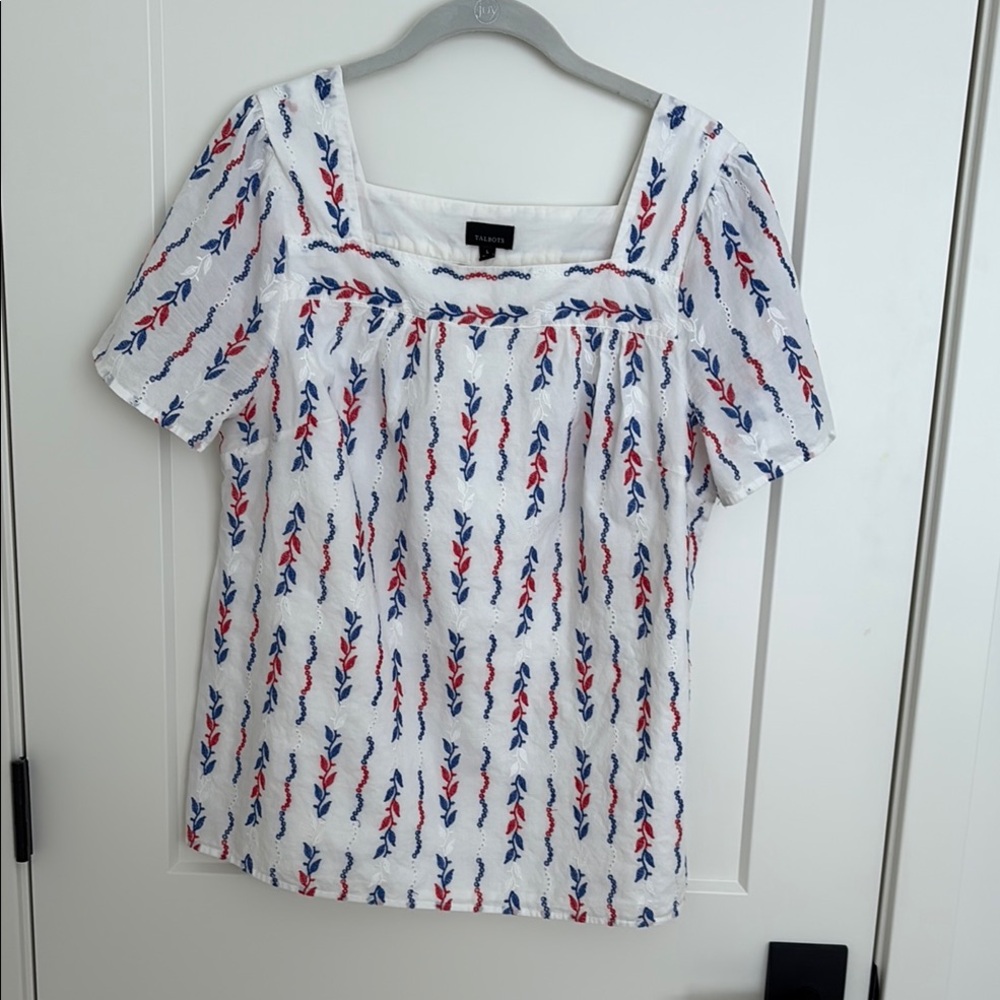 Talbots size L 100% cotton eyelet top w/ red & blue embroidery